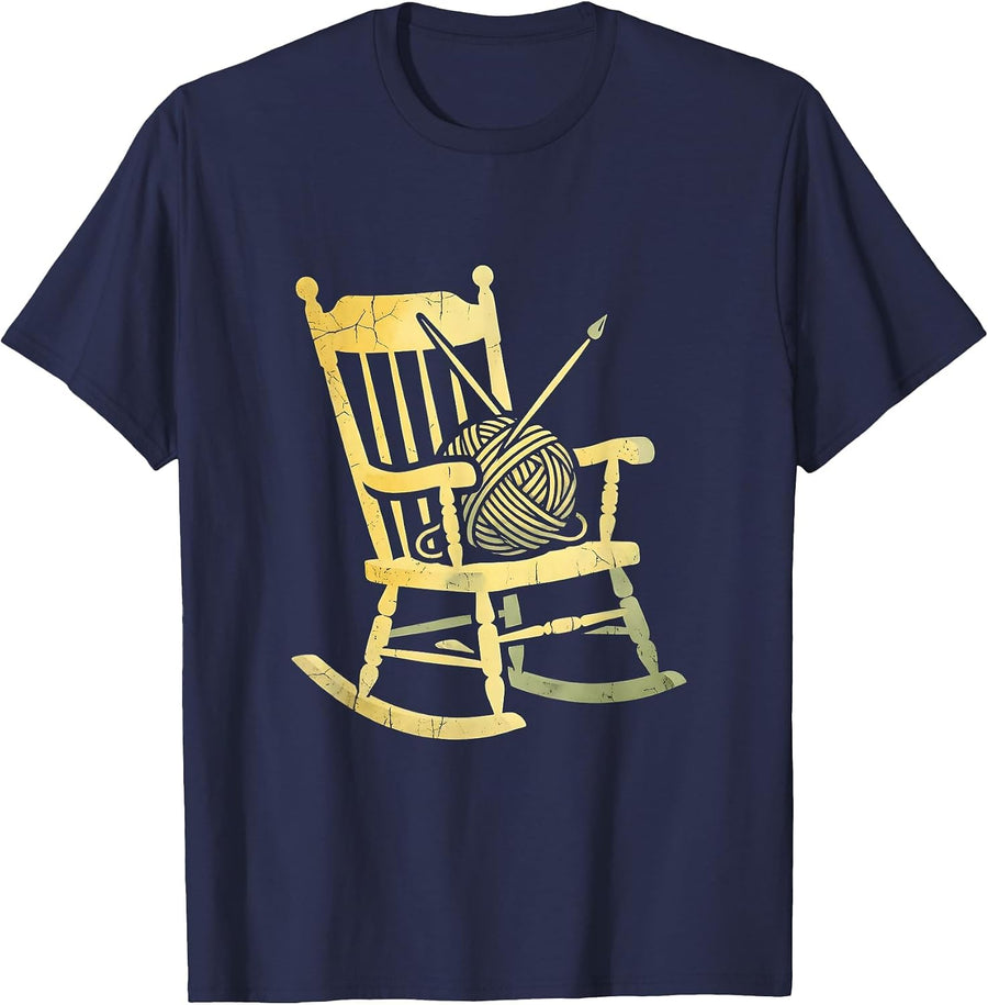 Nana Knitting in Rocking Chair Illustration T-Shirt - Navy Blue