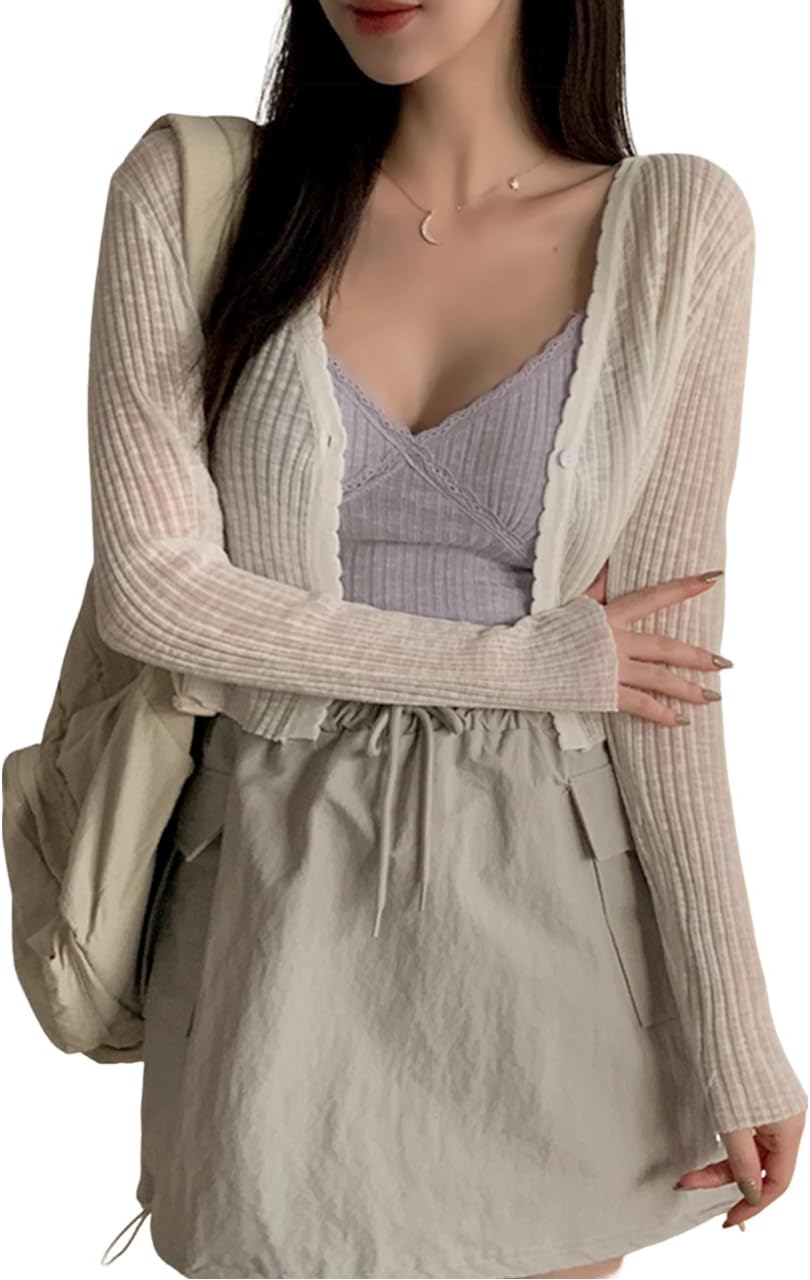 SHENHE Women's Open Front Knit Long Sleeve V Neck Sweaters - White