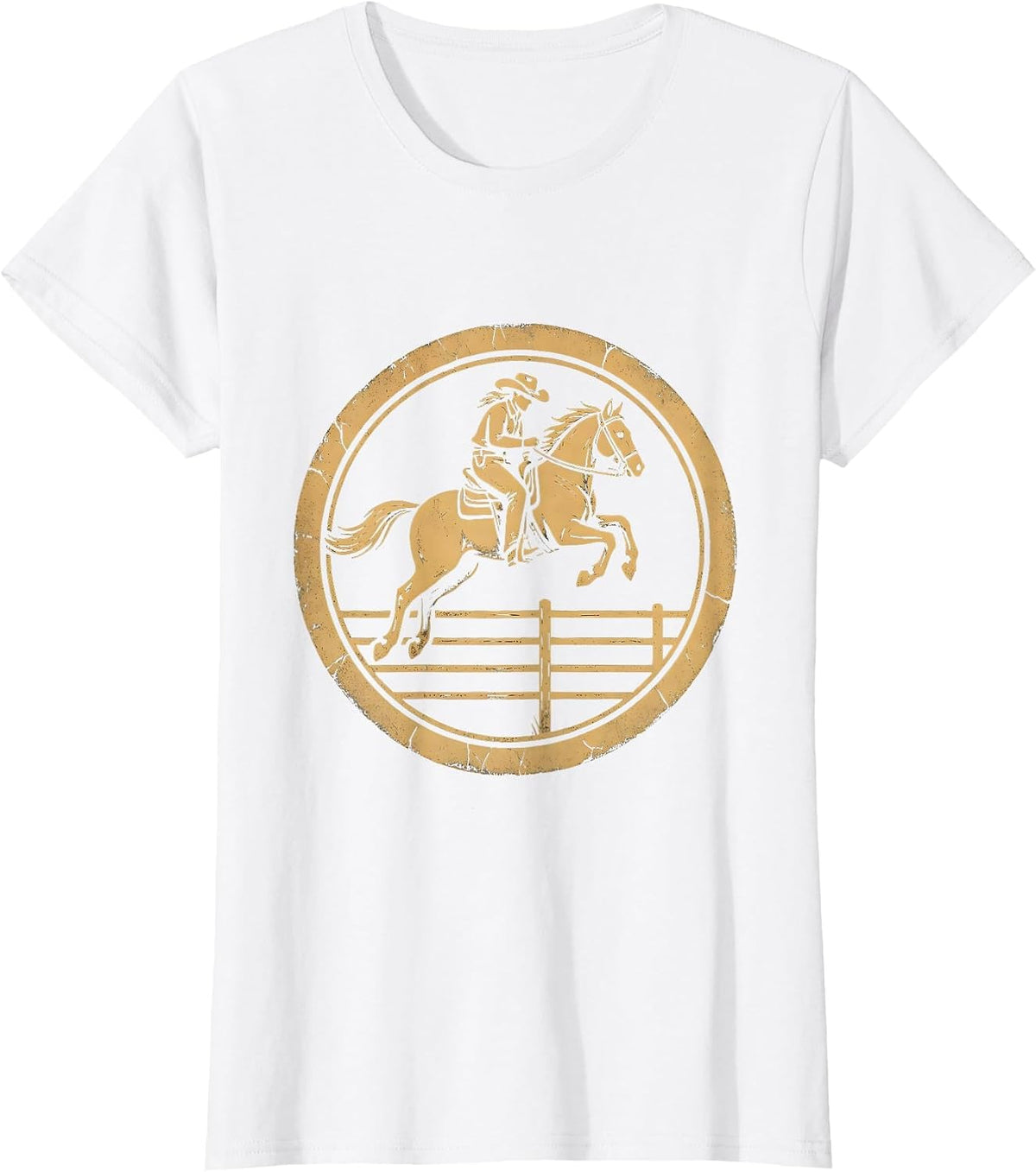 Cowgirl and Horse Jumping Over Fence Graphic T-Shirt - White