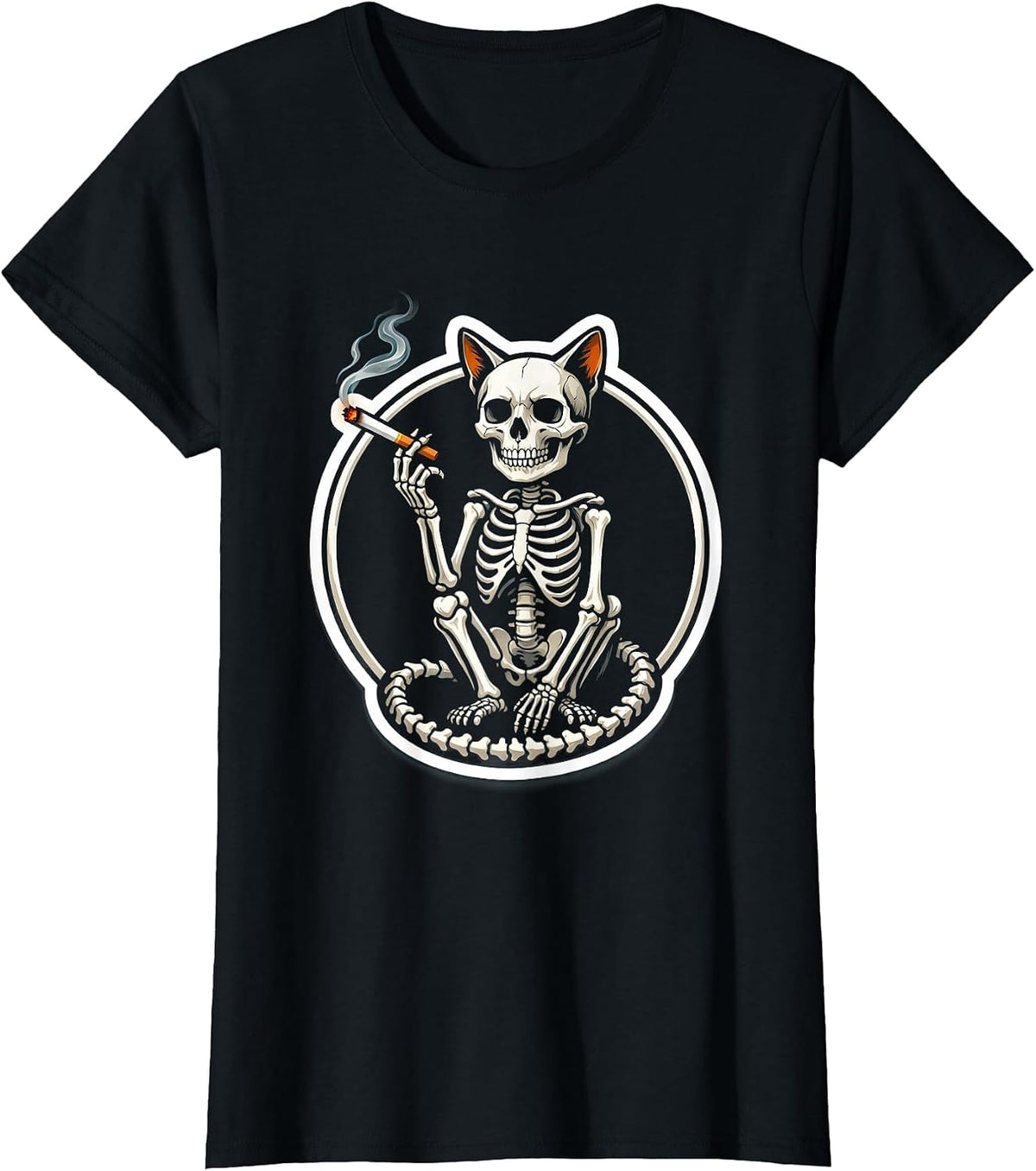 Women's Skeletal Cat Smoking Cigarette Dark Art Graphic T-Shirt - Black