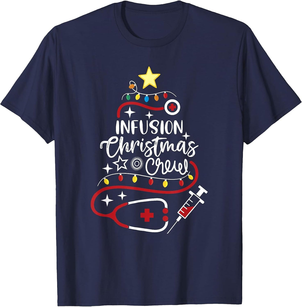 Infusion Nurse Techs Chemotherapy Infusion Christmas Crew T-Shirt - Navy Blue