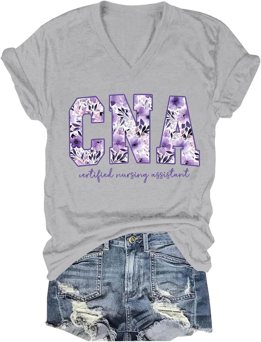 Purple Watercolor Floral CNA Shirt Certified Nursing Assistant Healthcare Worker V-Neck T-Shirt - Grey