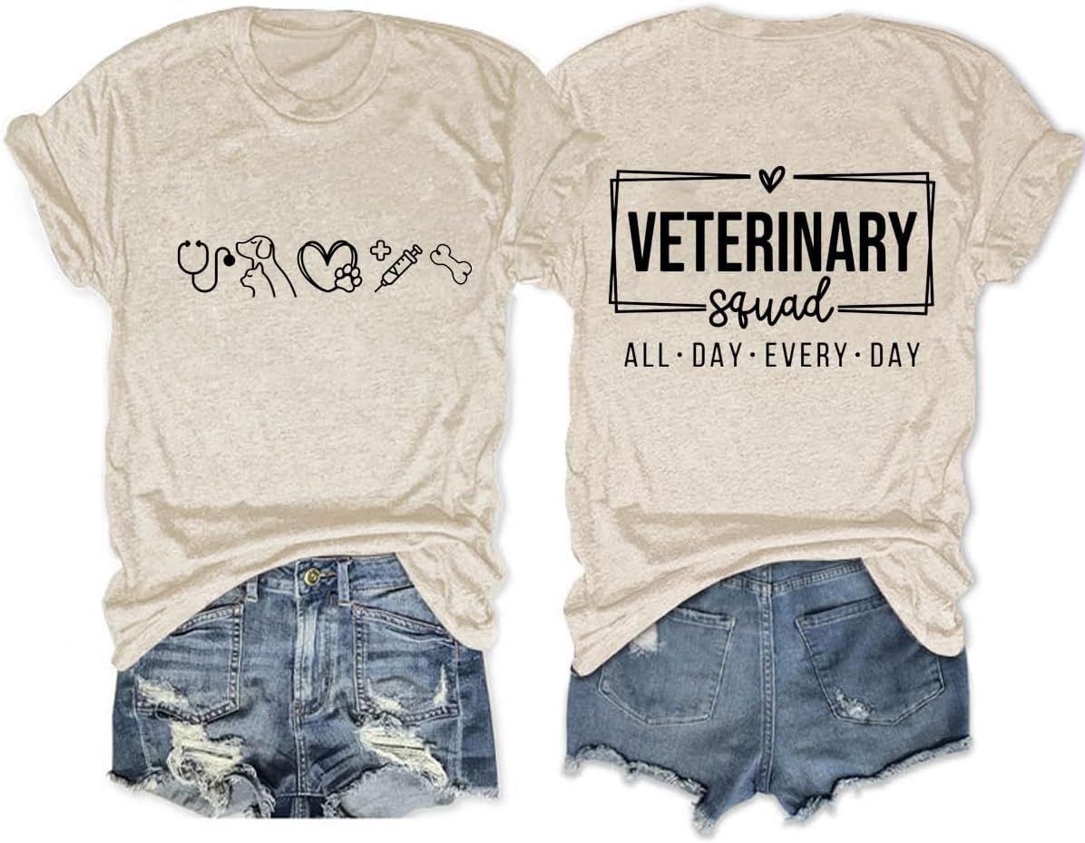 Veterinary Crew Shirts, Veterinarian, Vet Technician, Womens Cute Animal Graphic Front & Back Print Crewneck Tops - Beige