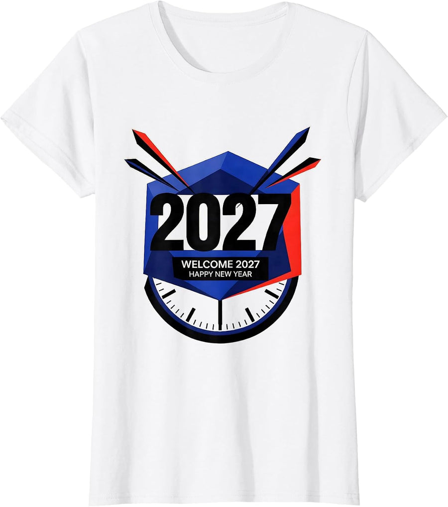 Women's Welcome 2027 Happy New Year Geometric Party Host Keepsake T-Shirt - White