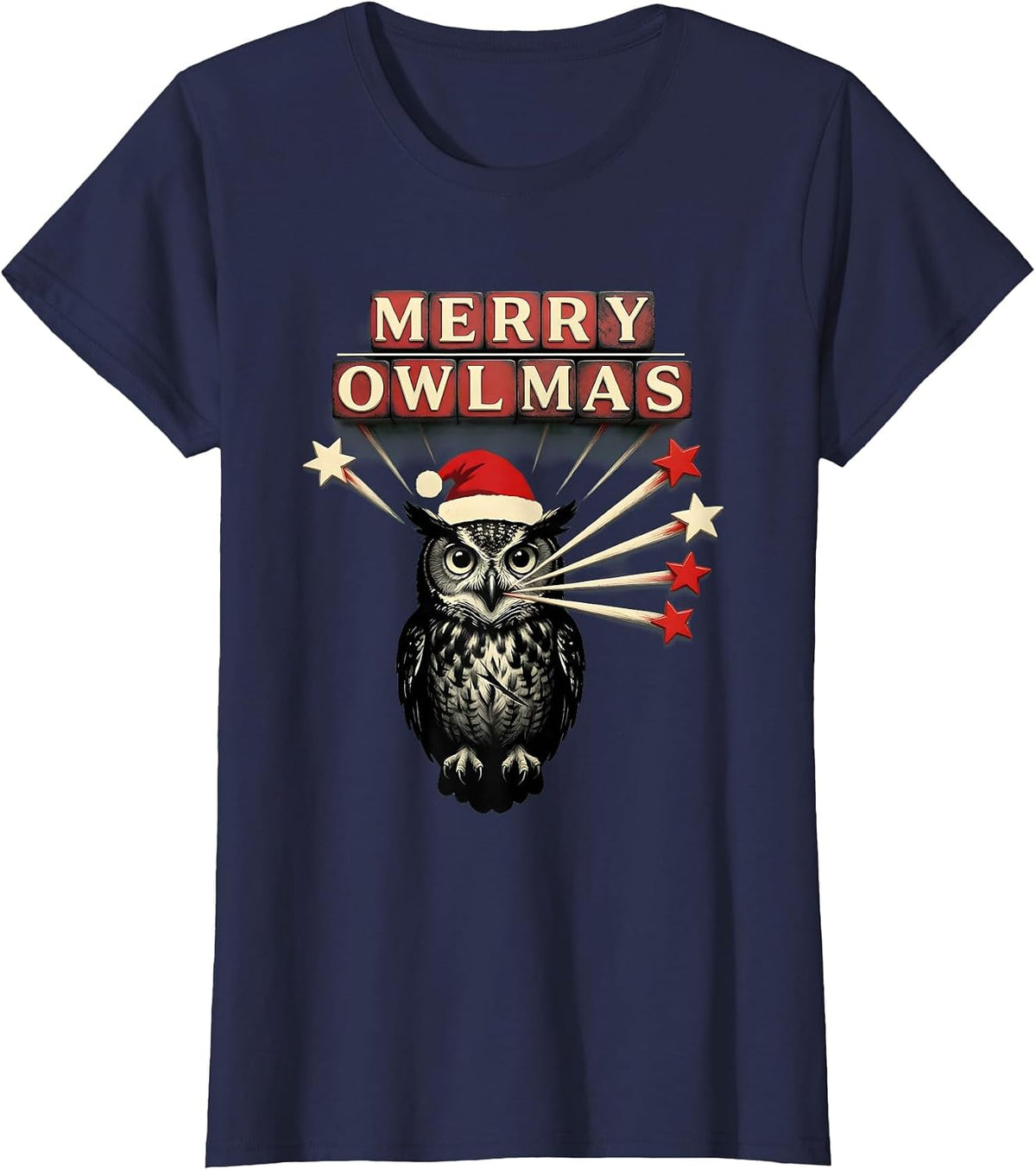 Women's Merry Owlmas! Owl Lover Santa Hat Christmas Lights Novelty T-Shirt - Navy Blue
