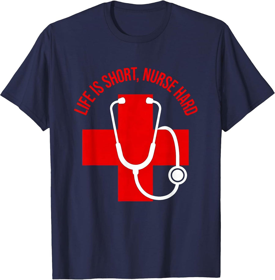 Life Is Short Nurse Hard Nursing Design T-Shirt - Navy Blue