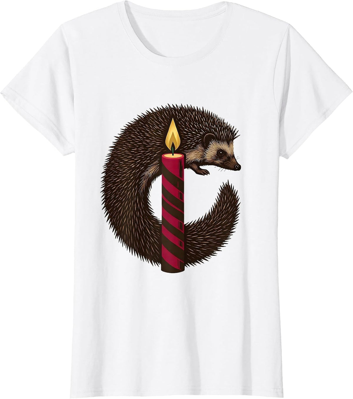 Women's Curled Hedgehog Quills Christmas Candle Cute Novelty Gift T-Shirt - White