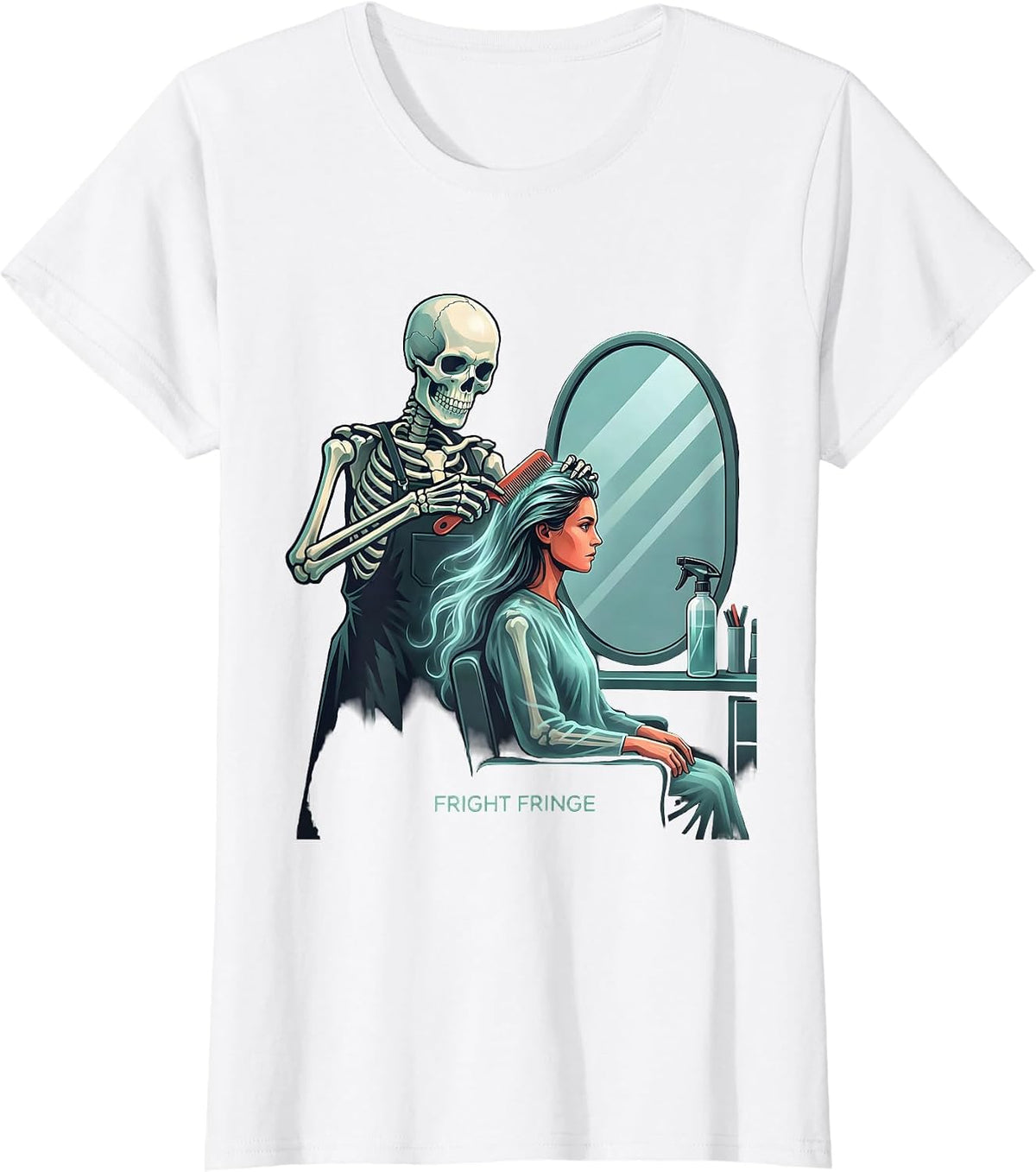 Fright Fringe Flat Vector Skeleton Hairstylist Halloween T-Shirt - White