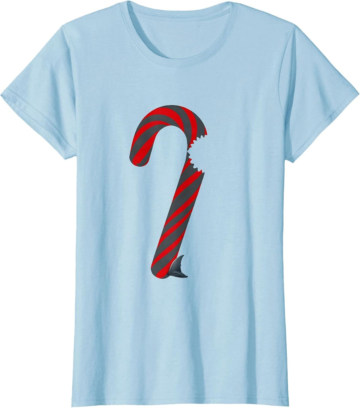 Women's Stripped Candy Cane Shark Minimalist Holiday Humor T-Shirt - Baby Blue