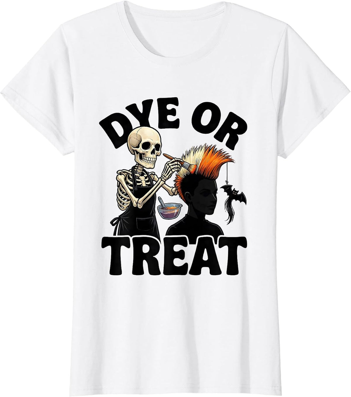 Dye Or Treat Cartoon Skeleton Hairstylist Halloween Barber T-Shirt - White