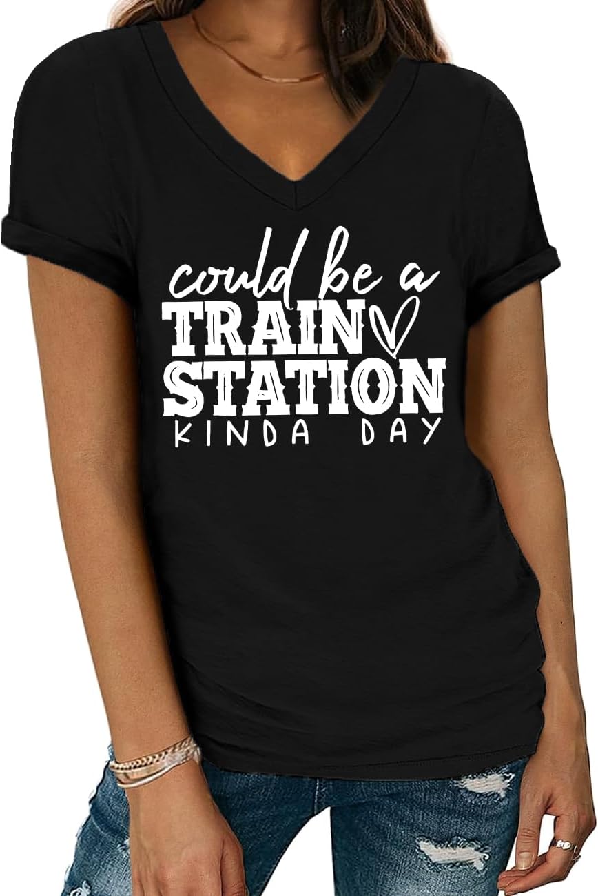 Could Be A Train Station Kind of Day Shirt V Neck Train Station Tshirts for Women Men - Black