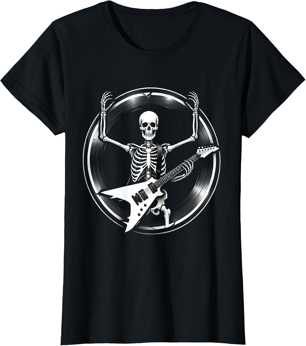 Skeleton Guitarist Shredding on Stage Rock Design T-Shirt - Black