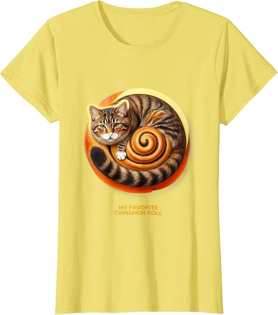 Women's My Favorite Cinnamon Roll Cute Kawaii Cat Lover Gift T-Shirt - Lemon Yellow