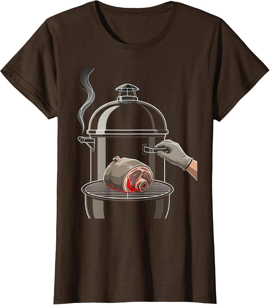 Women's Oversized Kettle Smoker Pitmaster BBQ Humor Gift T-Shirt - Brown