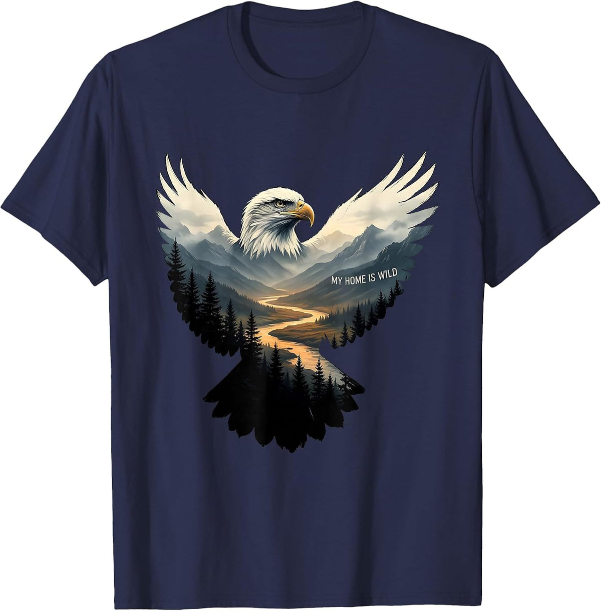 Men's My Home Is Wild Eagle Forest Wildlife Nature Lover Art T-Shirt - Navy Blue
