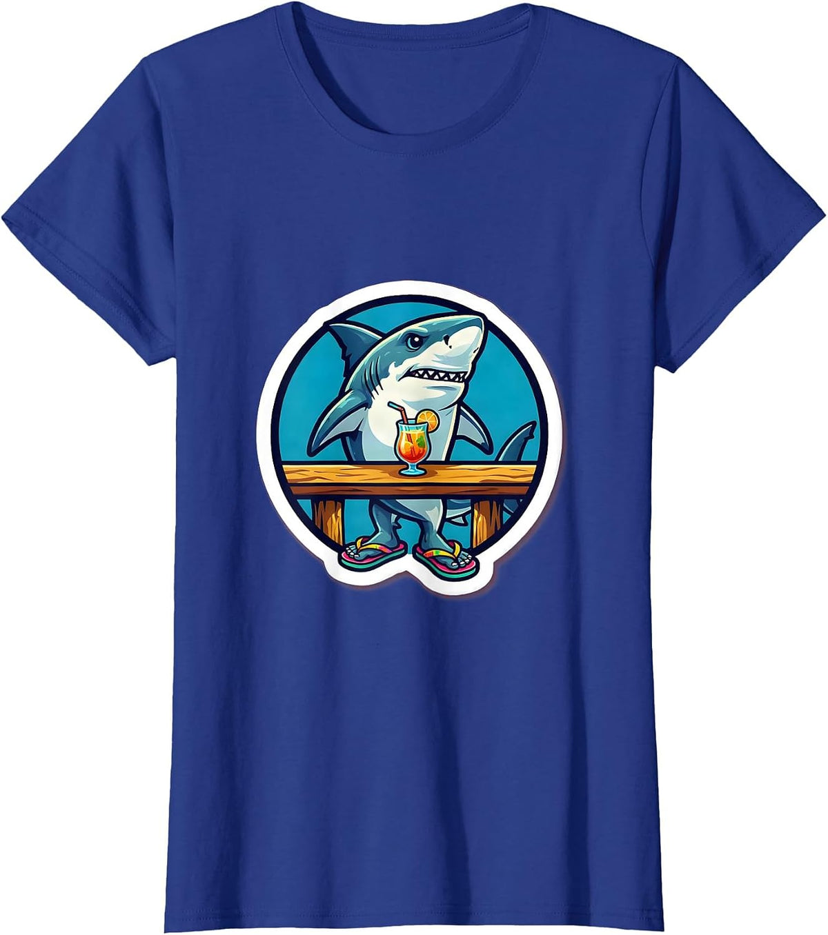 Women's Shark In Flip Flops Beach Bar Funny Graphic T-Shirt - Royal Blue