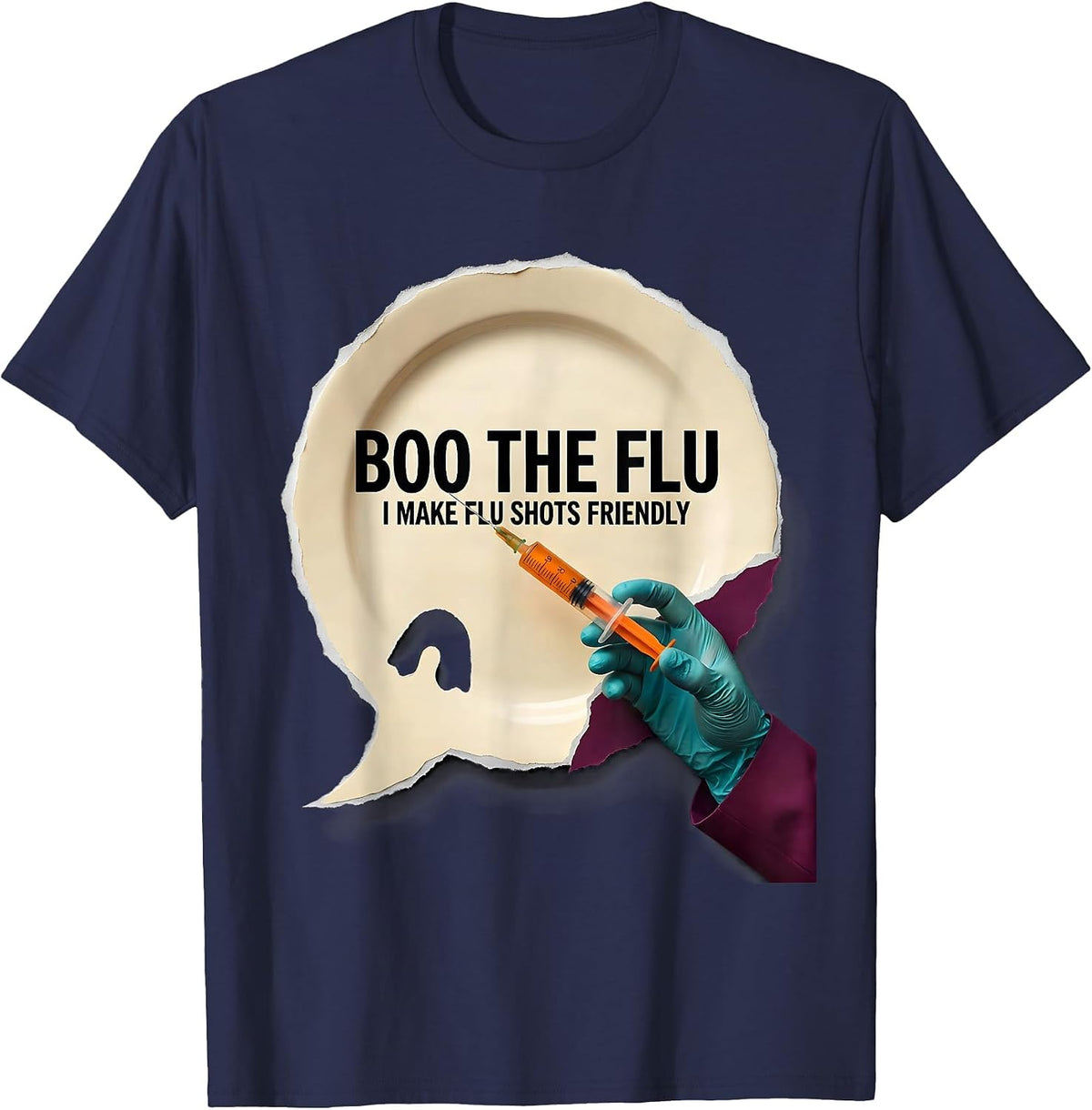 Men's Boo the Flu I Make Flu Shots Friendly Funny Halloween Nurse T-Shirt - Navy Blue
