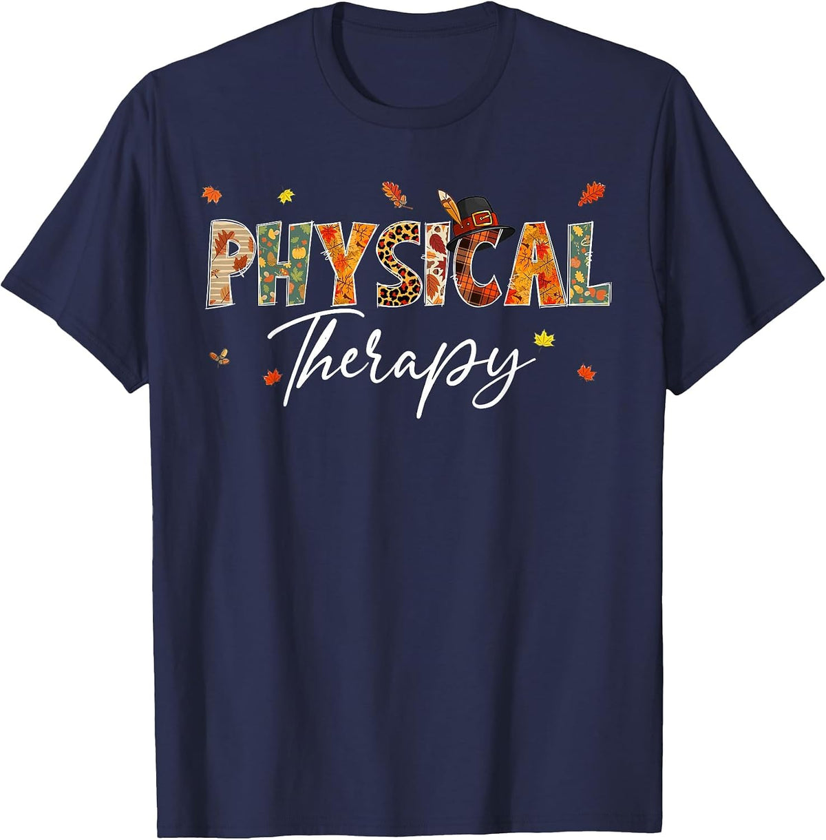 Funny Physical Therapy Pumpkin Autumn Tree Fall Leaves T-Shirt - Navy Blue