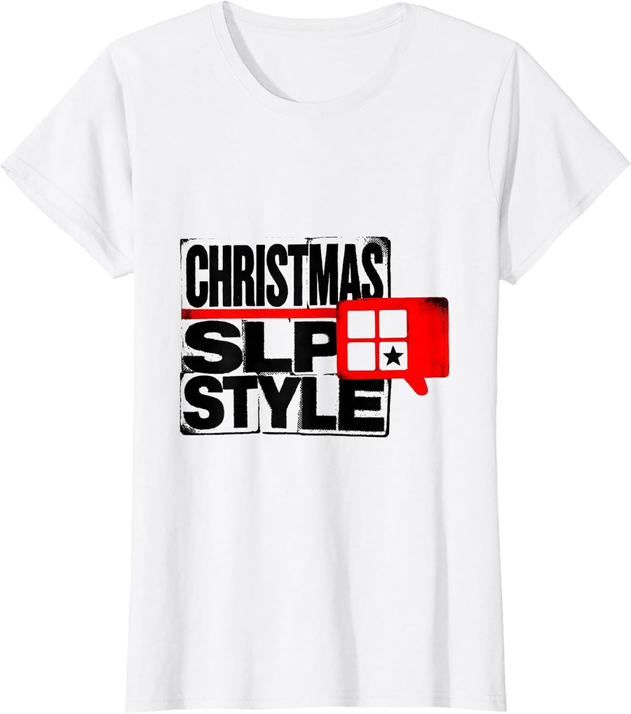 Women's Christmas SLP Style Wood Type Letterpress Speech Therapist T-Shirt - White