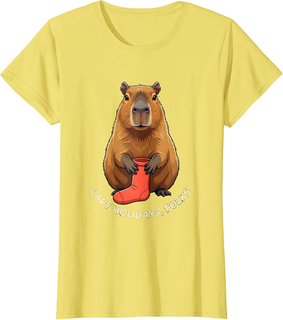 Women's Capy Holidays Folks Funny Capybara Christmas Animal Lover T-Shirt - Lemon Yellow