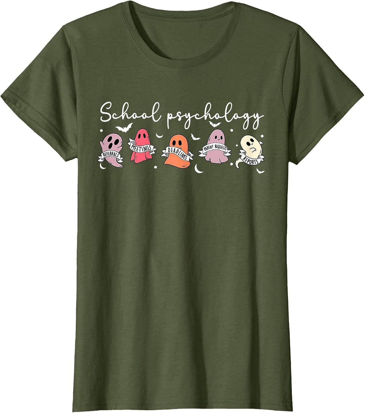Retro Cute Ghost School Psychologist Halloween Psychologist T-Shirt - Olive Green