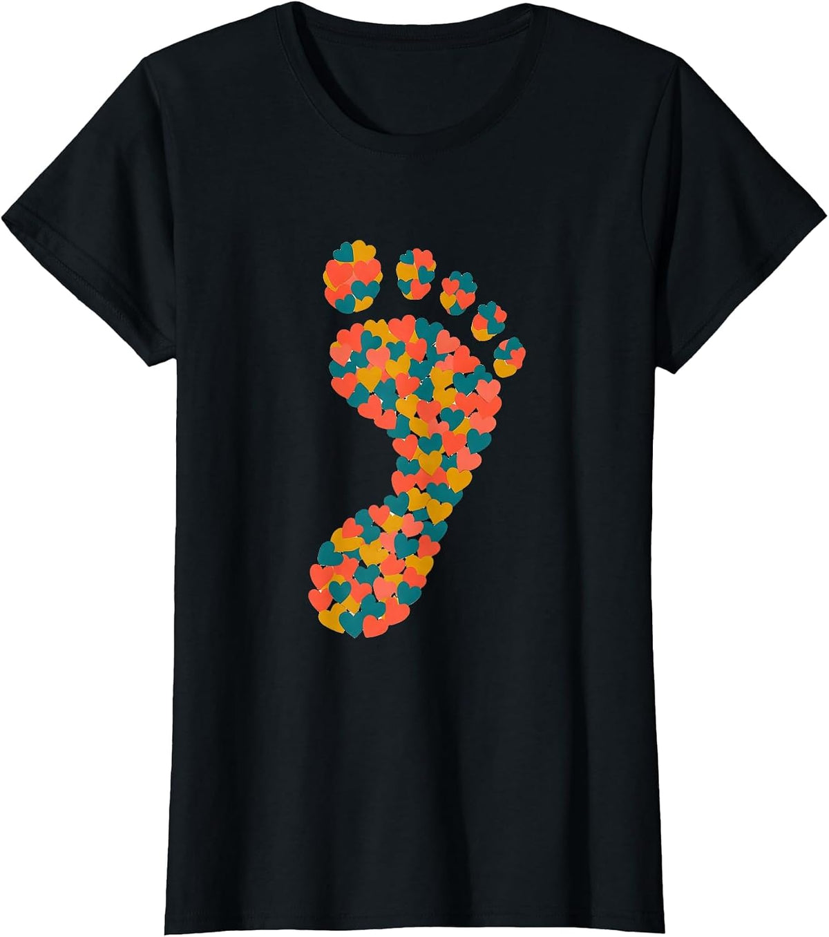 Pediatric Nurse Baby Footprint Hearts Illustration T-Shirt - Black