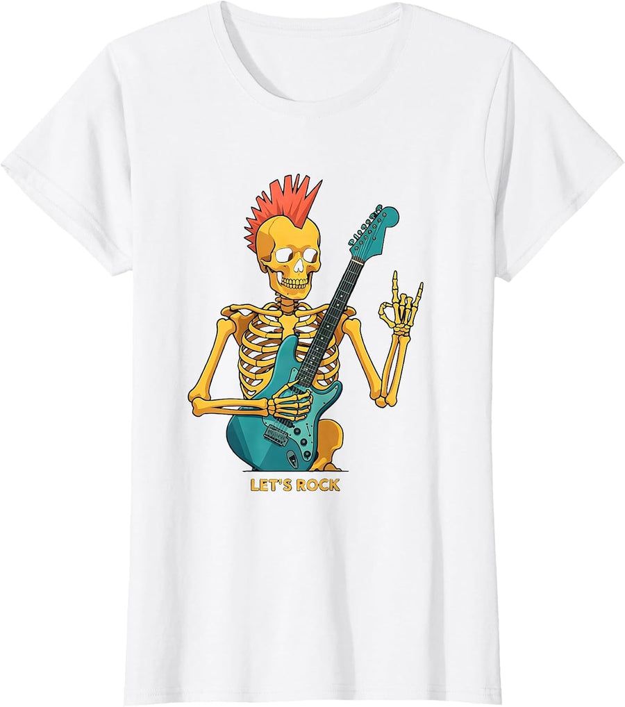 Women's Let's Rock Punk Rock Skeleton Halloween Music Humor T-Shirt - White