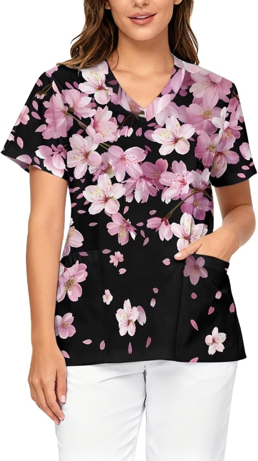 Stretch V-Neck Nursing Scrubs Top Moisture-Wicking & Odor-Control Durable Medical Uniform for Hospitals & Clinics - Cherry