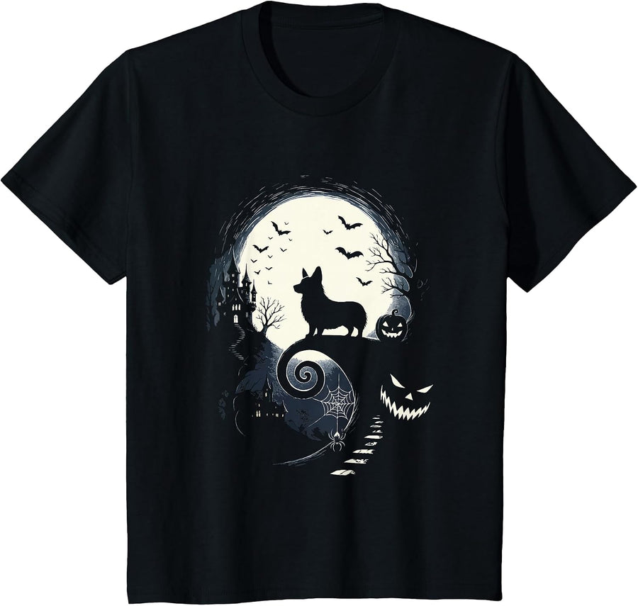 Corgi Dog and Moon Halloween Costume Dog Lover Men Women Kid T-Shirt - Black