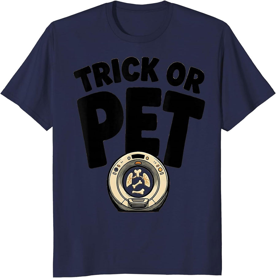 Trick Or PET Cartoon Radiology Tech Halloween Workplace T-Shirt - Navy Blue