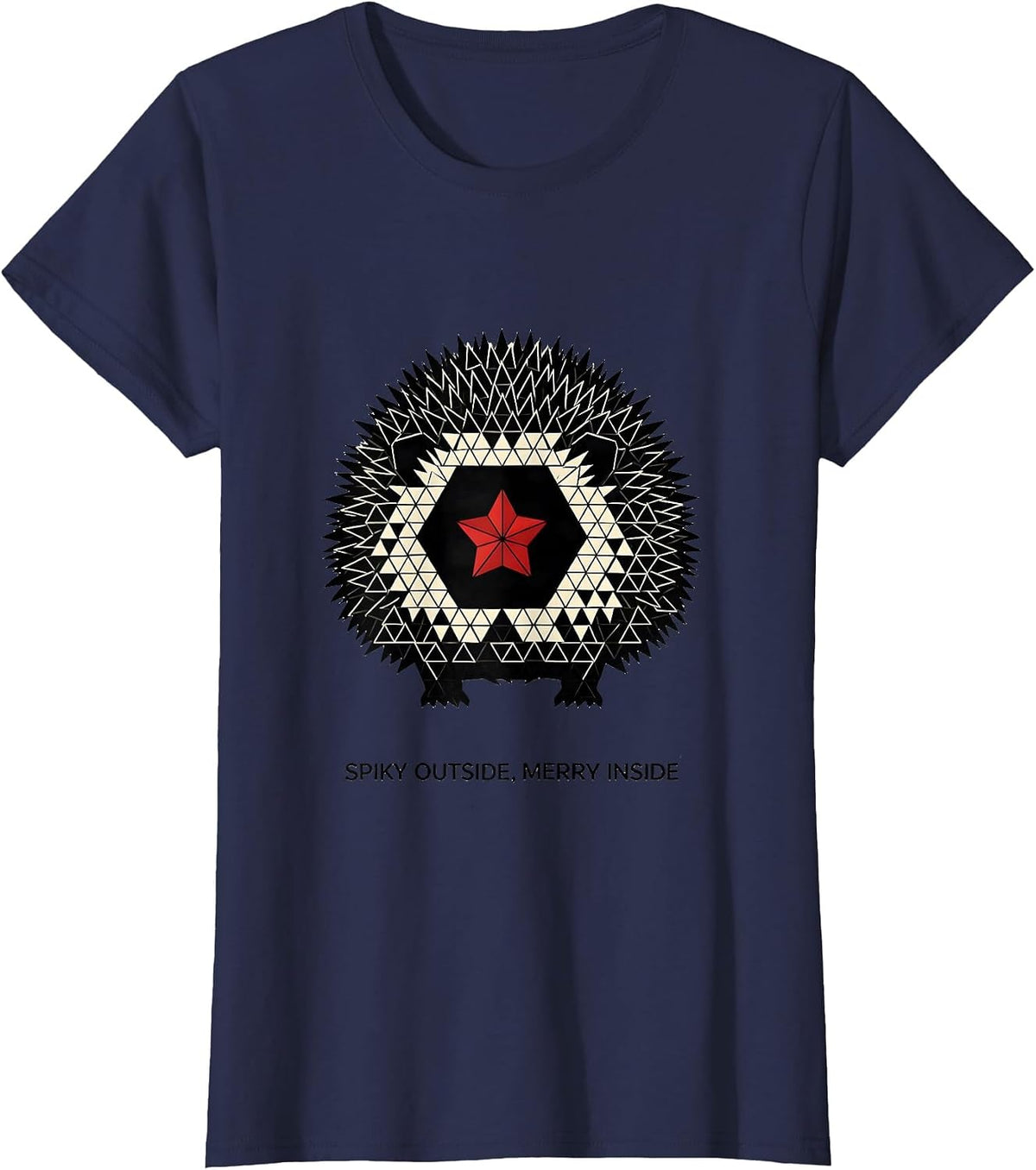 Women's Spiky Outside, Merry Inside Cute Hedgehog Christmas Animal T-Shirt - Navy Blue
