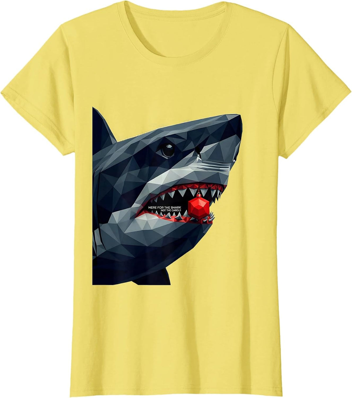 Here For The Shark Not The Carols Geometric Ugly Christmas T-Shirt - Lemon Yellow