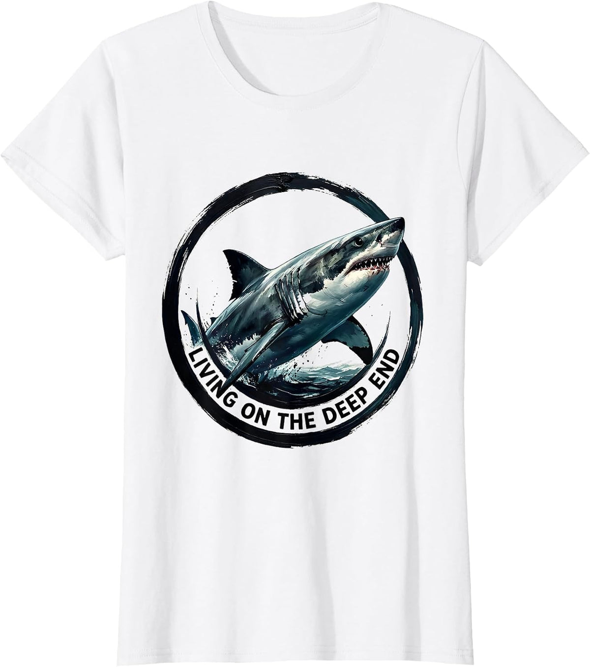 Living On The Deep End Shark Design T-Shirt - White