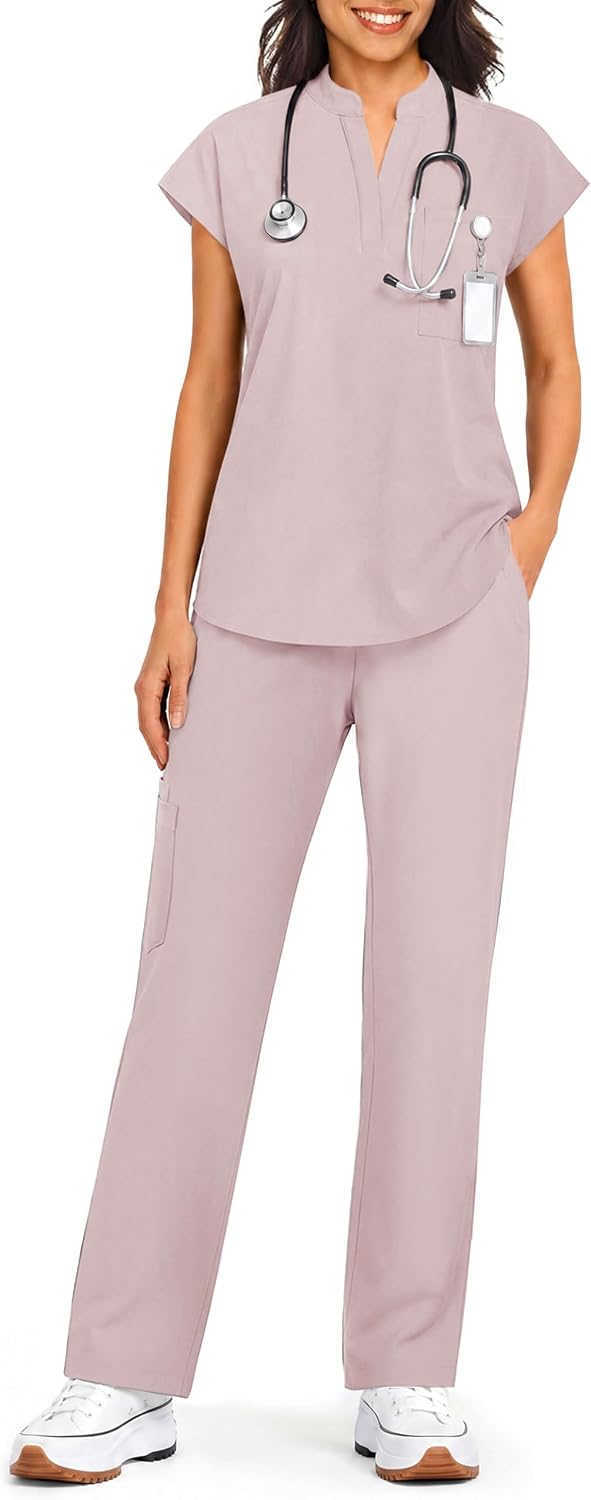 Women's Scrub Set V-Neck Top & Straight-Leg Pants with 7 Pockets - Pink