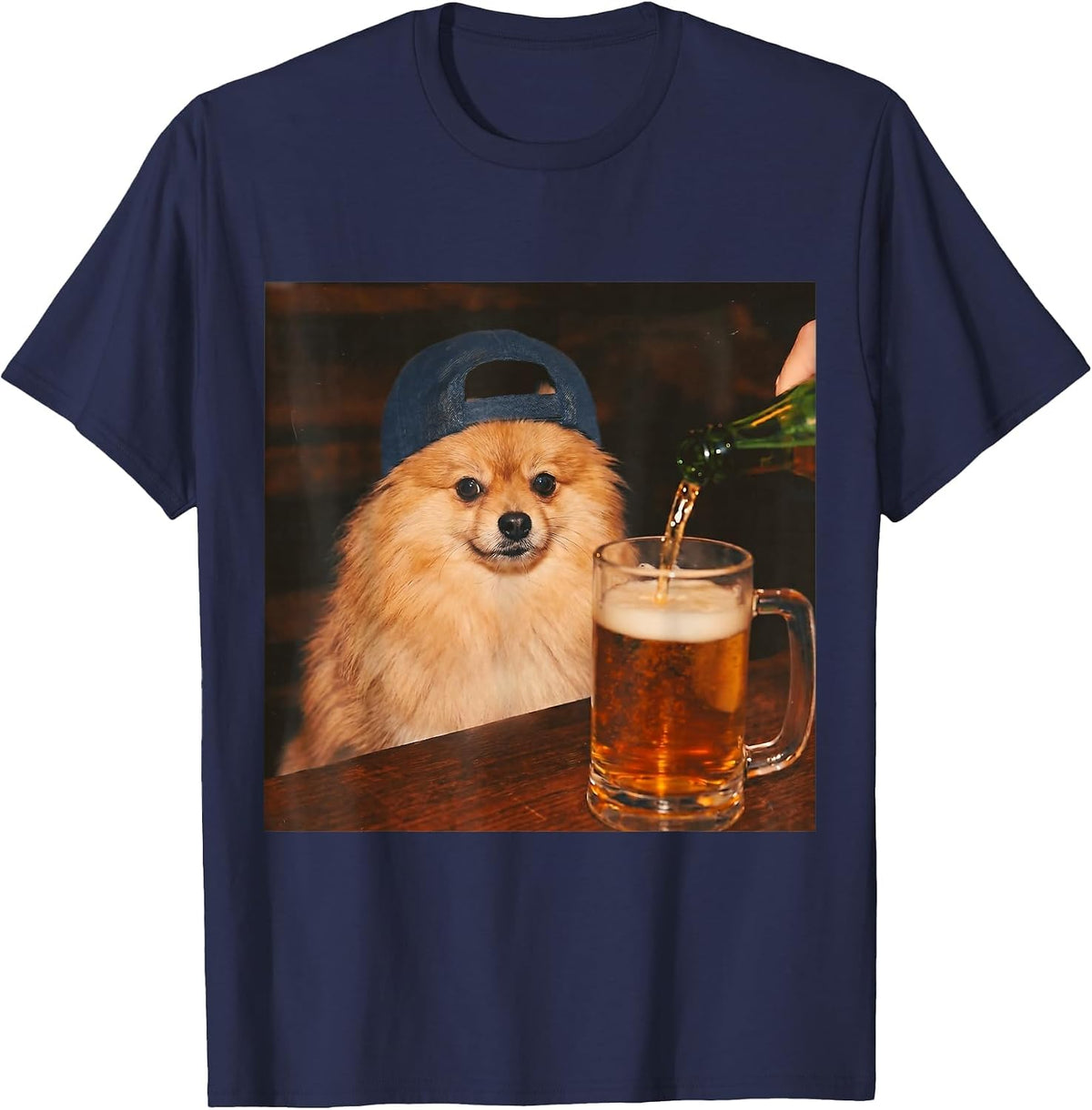 Pomeranian Drinking Beer Shirt Funny Fathers Day Dog Meme T-Shirt - Navy Blue