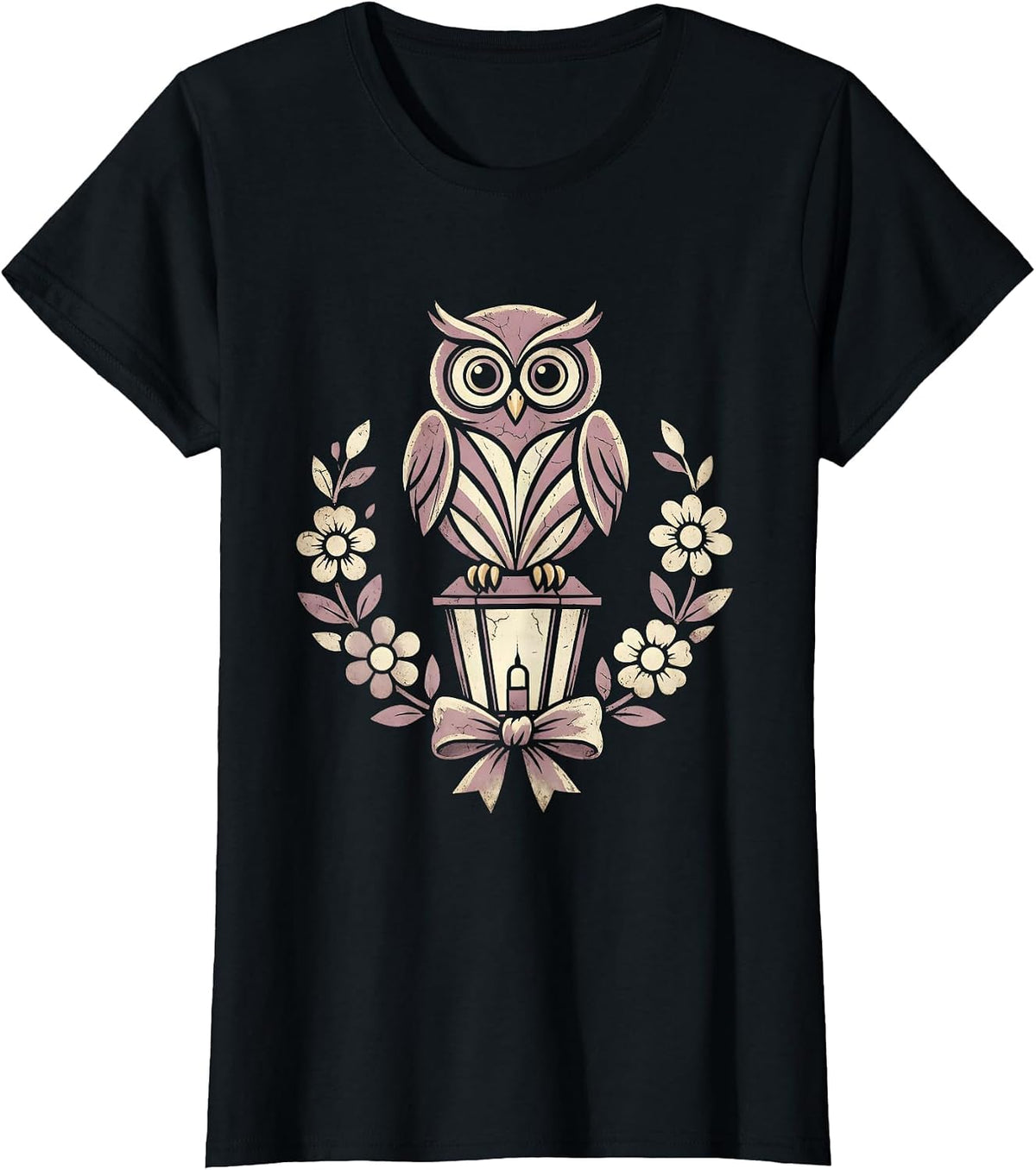 Women's Owl on Lantern Girls Halloween Graphic T-Shirt - Black