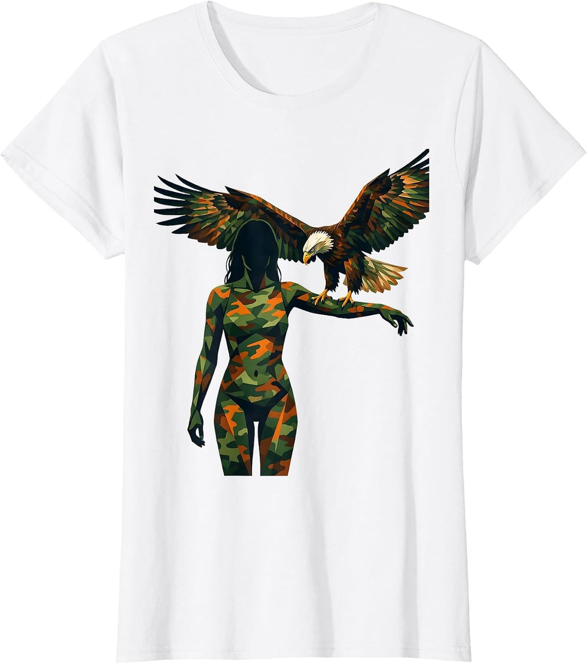 Women's Camo Eagle Falconer Wildlife Illustration T-Shirt - White
