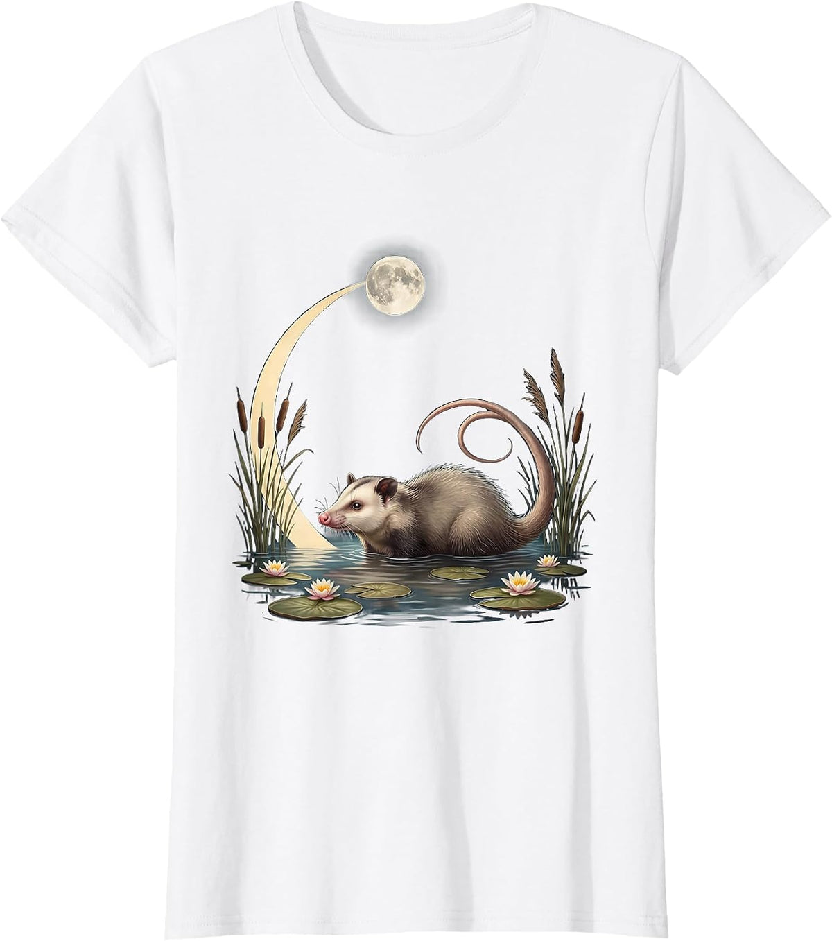Opossum Swimming in Moonlit Pond Graphic T-Shirt - White