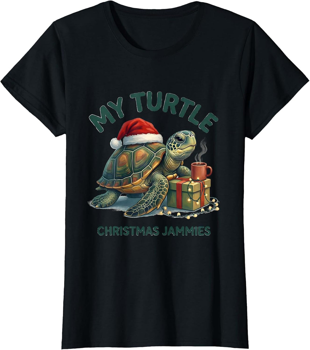 My Turtle Christmas Jammies Whimsical Sea Turtle Santa Hat T-Shirt - Black