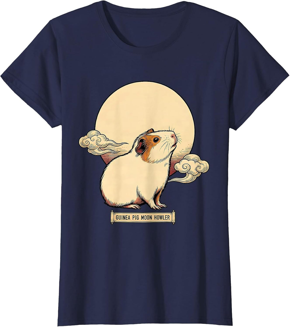 Women's Guinea Pig Moon Howler Ukiyo-e Funny Small Pet Meme T-Shirt - Navy Blue