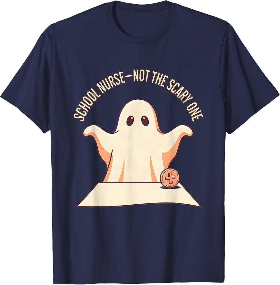 School Nurse—Not The Scary One Cute Kawaii Halloween Ghost T-Shirt - Navy Blue