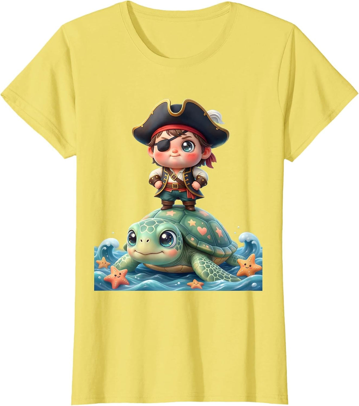 Young Pirate Riding a Giant Sea Turtle T-Shirt - Lemon Yellow