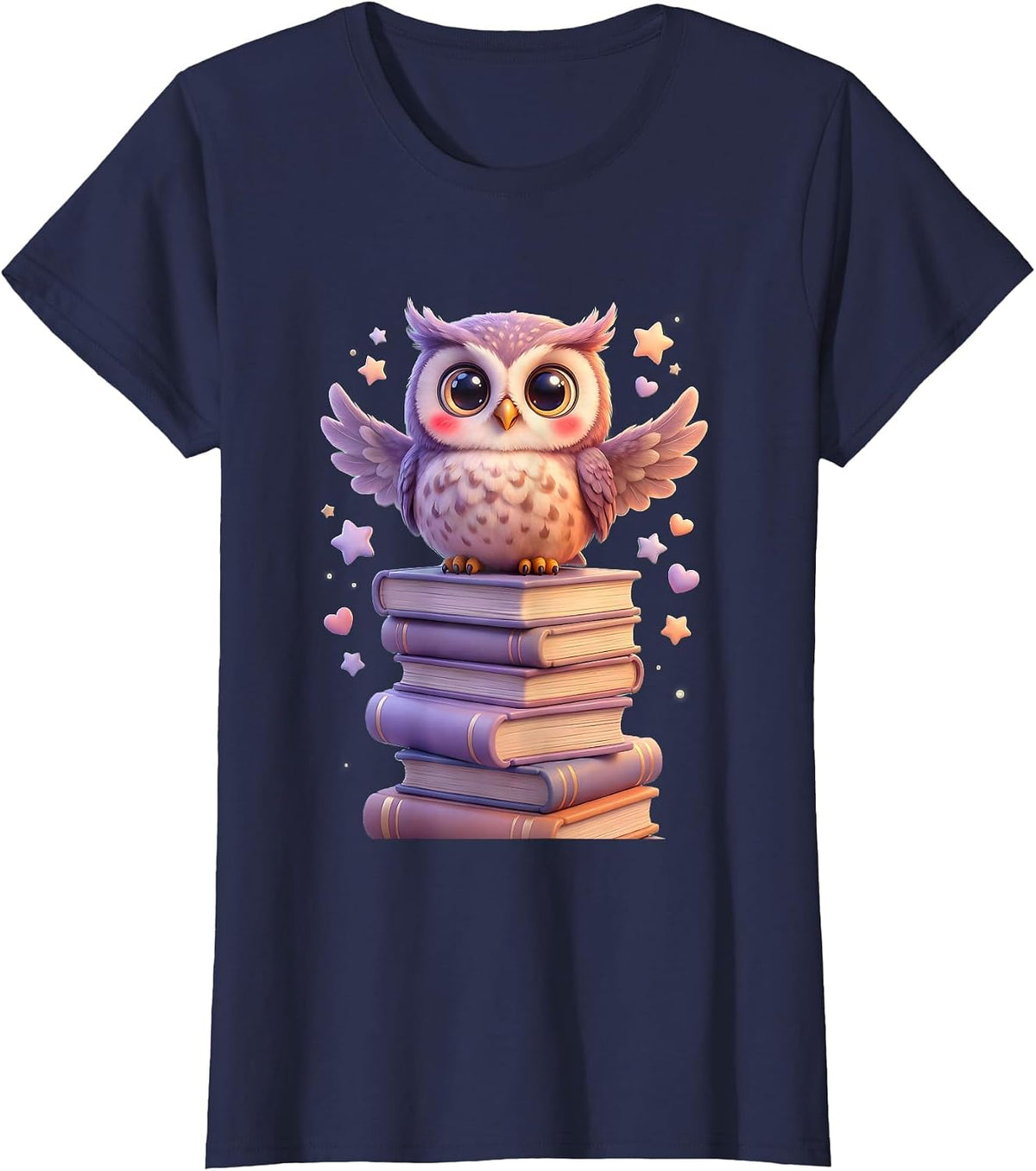 Women's Wise Owl Perched on Stack of Books Illustration T-Shirt - Navy Blue