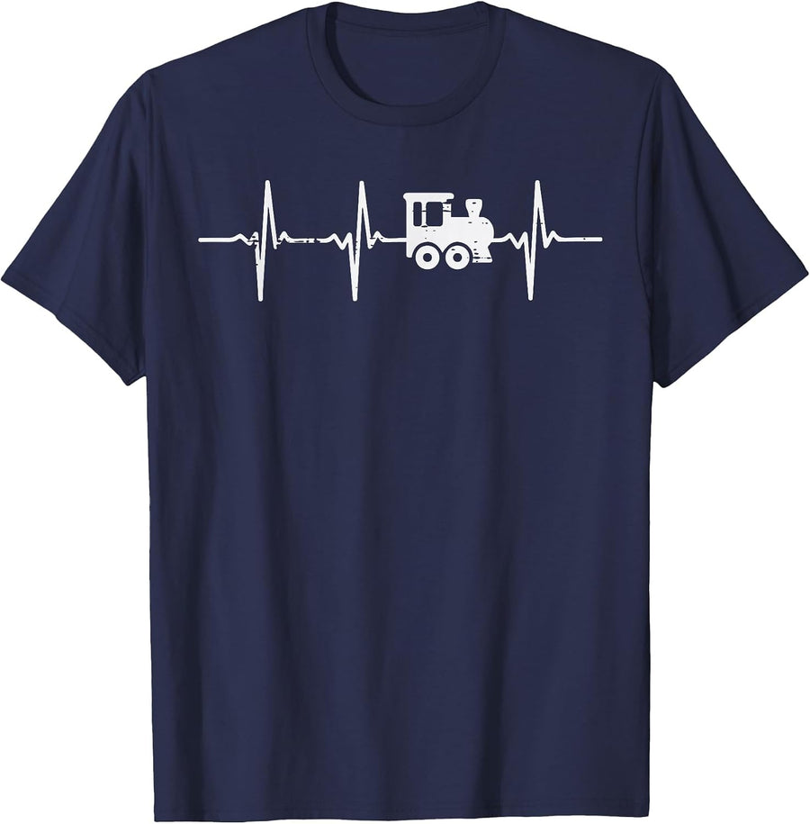 Train Heartbeat Locomotive Conductor Men Boys Kids Women T-Shirt - Navy Blue