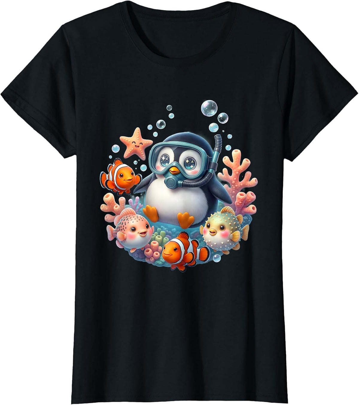 Penguin Scuba Diver Tropical Fish Ocean Design T-Shirt - Black