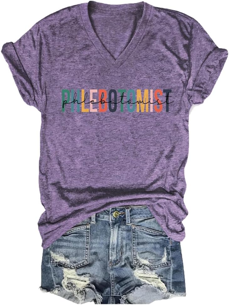 Phlebotomist Shirts for Women Funny Leopard Boho Graphic Tees V-Neck Phlebotomy Tech T Shirt Phleb Nurse Shirt - Purple