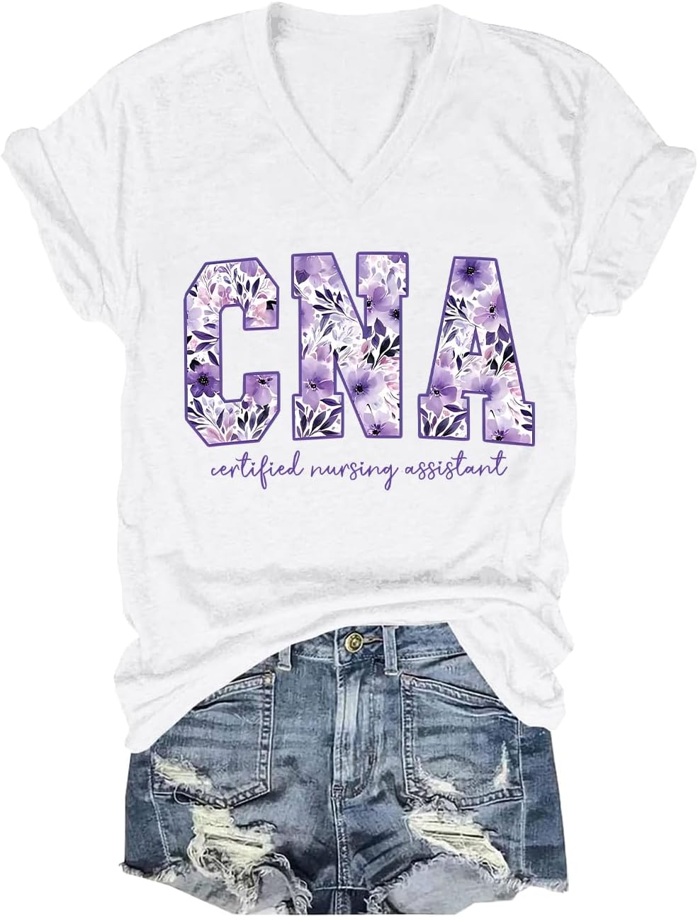 Purple Watercolor Floral CNA Shirt Certified Nursing Assistant Healthcare Worker V-Neck T-Shirt - White