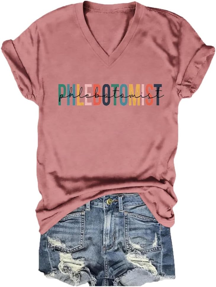 Phlebotomist Shirts for Women Funny Leopard Boho Graphic Tees V-Neck Phlebotomy Tech T Shirt Phleb Nurse Shirt - Pink