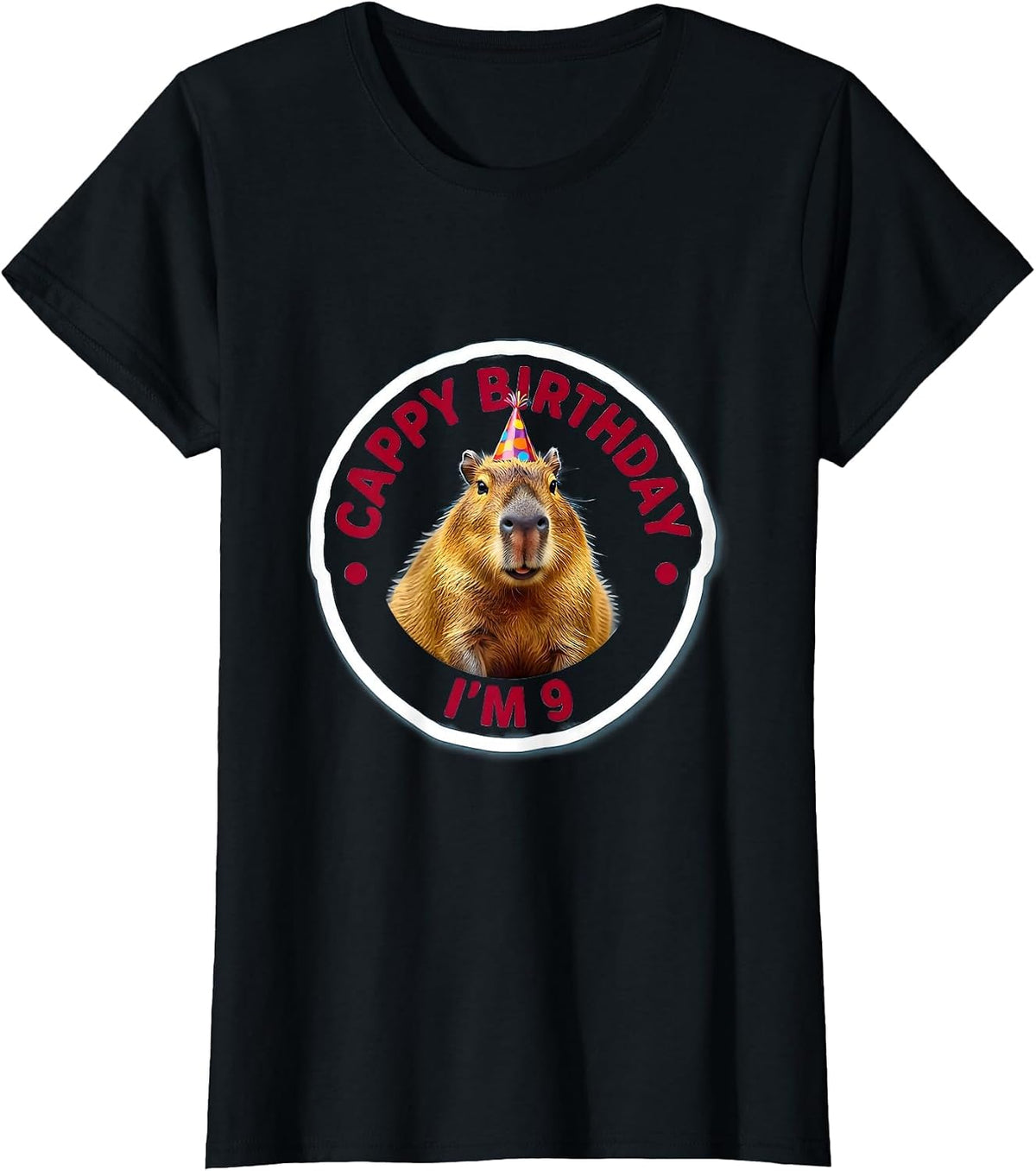 Cappy Birthday I'm 9 Funny Capybara Meme Birthday Party T-Shirt - Black