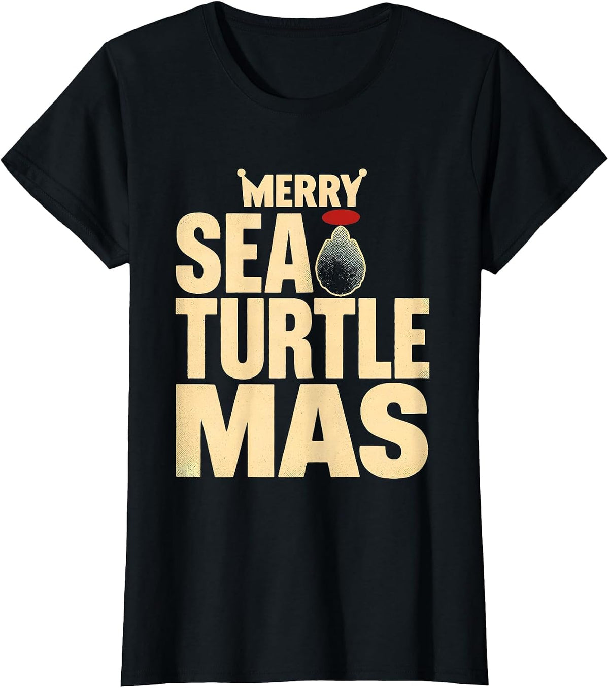 Women's Merry Sea Turtlemas Whimsical Novelty Christmas Sea Turtle T-Shirt - Black